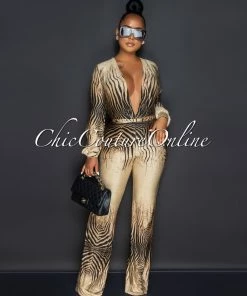 Vendor-unknown Boswell Brown Black Zebra Print Plunging V-Neck Jumpsuit JUST IN