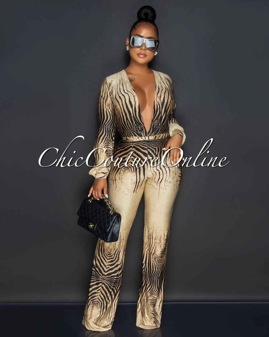 Vendor-unknown Boswell Brown Black Zebra Print Plunging V-Neck Jumpsuit JUST IN