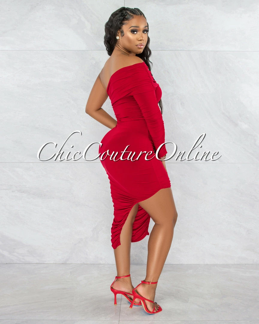 Vendor-unknown JUST IN Brendy Red Ruched Single Long Sleeve Dress