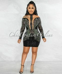 Vendor-unknown Dudley Black Iridescent Rhinestones Nude Mesh Sheer Dress