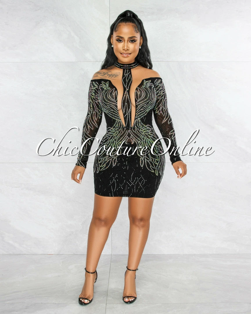 Vendor-unknown Dudley Black Iridescent Rhinestones Nude Mesh Sheer Dress