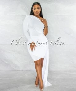 Chic Couture Online JUST IN Cameo White Single Sleeve Long Strap Accent Dress