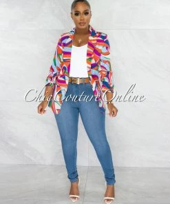 Chic Couture Online Malley Baby Blue Multi-Color Ruched Sleeves Blazer