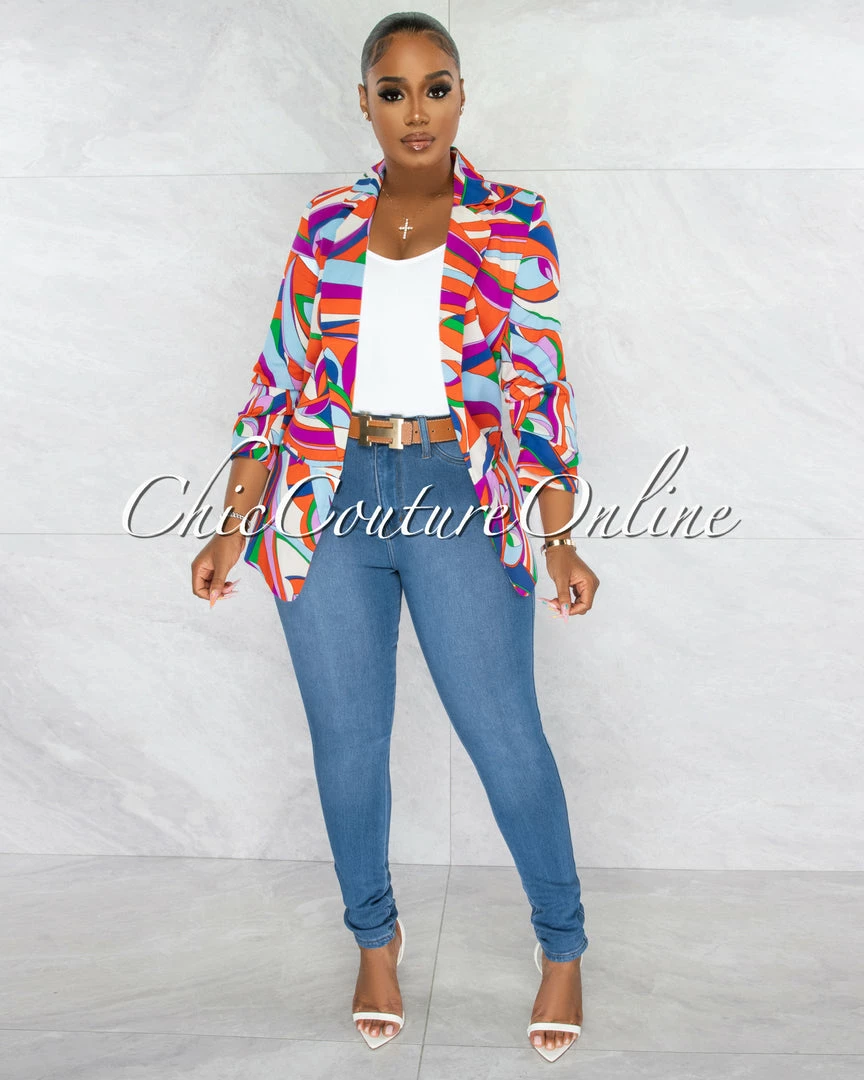 Chic Couture Online Malley Baby Blue Multi-Color Ruched Sleeves Blazer