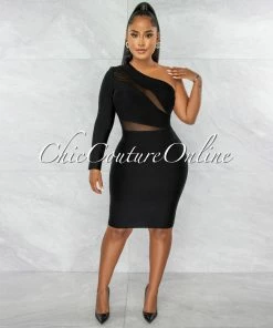 Chic Couture Online Blake Black Single Shoulder Mesh Details Bandage Dress
