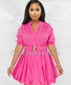 Vendor-unknown JUST IN Breanna Fuchsia Gold Buckle Bubble Dress