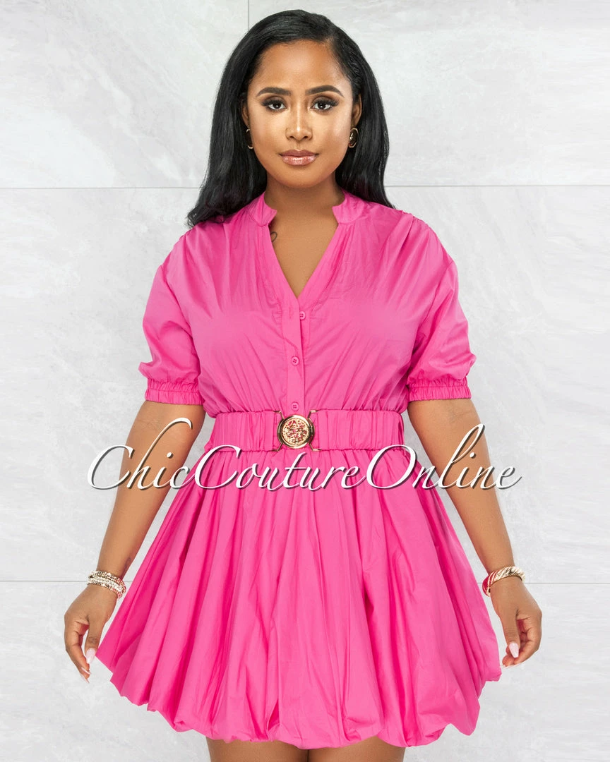 Vendor-unknown JUST IN Breanna Fuchsia Gold Buckle Bubble Dress