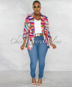 Chic Couture Online Malley Baby Blue Multi-Color Ruched Sleeves Blazer