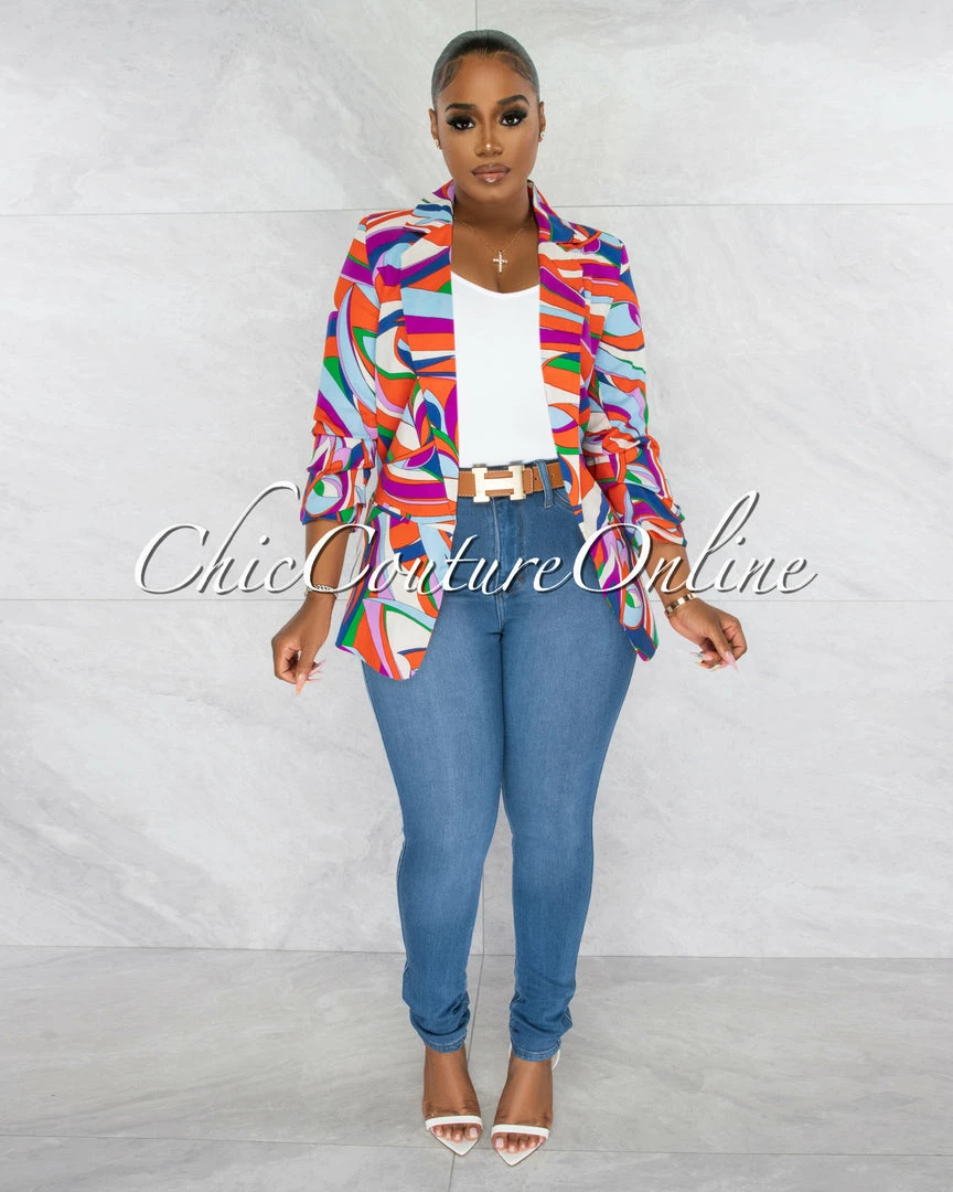 Chic Couture Online Malley Baby Blue Multi-Color Ruched Sleeves Blazer
