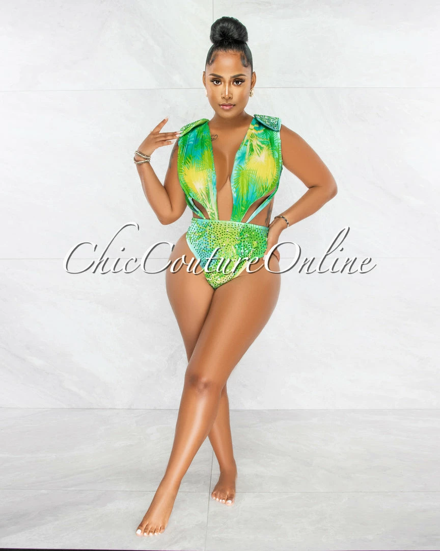Chic Couture Online JUST IN Siren Green Palm Print Rhinestones Luxe Swimsuit & Cover-up