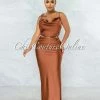 Vendor-unknown JUST IN Crane Brown Gold Link Straps Satin Back Slit Maxi Dress