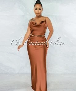 Vendor-unknown JUST IN Crane Brown Gold Link Straps Satin Back Slit Maxi Dress