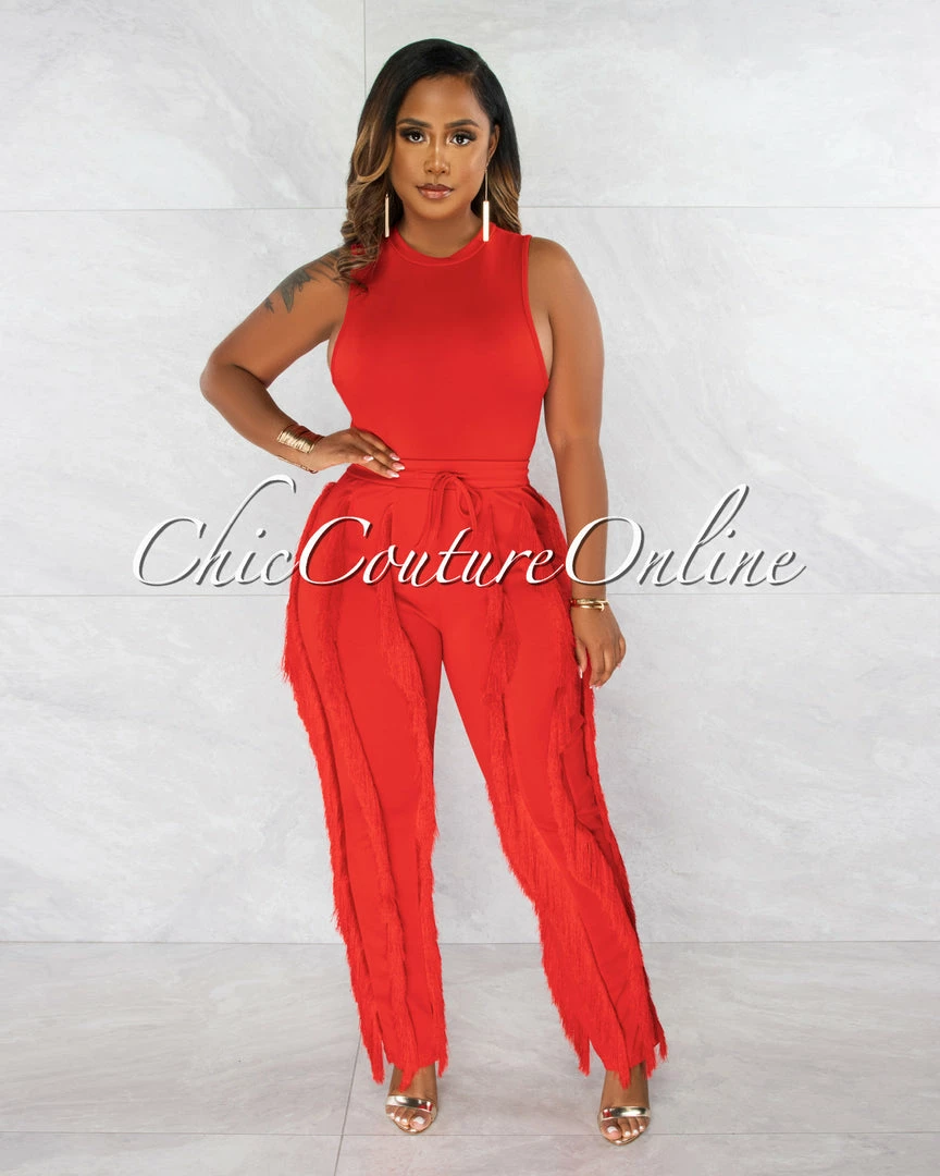 Chic Couture Online Janiel Red Bodysuit & Fringe Pants Set