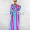 Chic Couture Online Jeneva Purple Turquoise Print Top & Maxi Skirt Ribbed Set