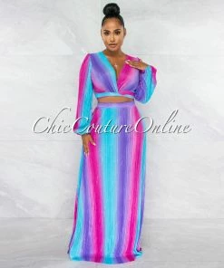 Chic Couture Online Jeneva Purple Turquoise Print Top & Maxi Skirt Ribbed Set