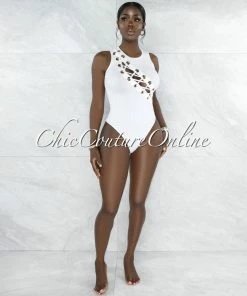 Vendor-unknown JUST IN Fana White Lace-Up Gold Details Ribbed Bodysuit