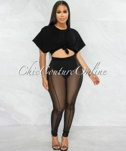 Vendor-unknown Cherie Black Tie Crop Top & Mesh Leggings Set