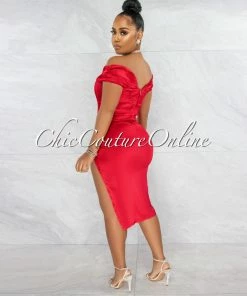 Chic Couture Online Suyen Red Satin Drape Corset Midi Dress JUST IN