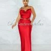 Vendor-unknown Crane Red Gold Link Straps Satin Back Slit Maxi Dress JUST IN