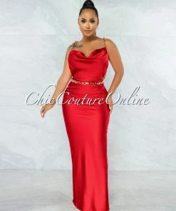 Vendor-unknown Crane Red Gold Link Straps Satin Back Slit Maxi Dress JUST IN