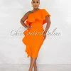 Chic Couture Online Annette Orange Single Shoulder Ruffle Bandage Midi Dress JUST IN