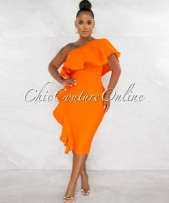 Chic Couture Online Annette Orange Single Shoulder Ruffle Bandage Midi Dress JUST IN