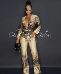 Vendor-unknown Boswell Brown Black Zebra Print Plunging V-Neck Jumpsuit JUST IN