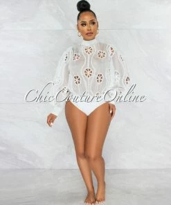Vendor-unknown Sikina Off-White Sheer Embroidery Bodysuit JUST IN