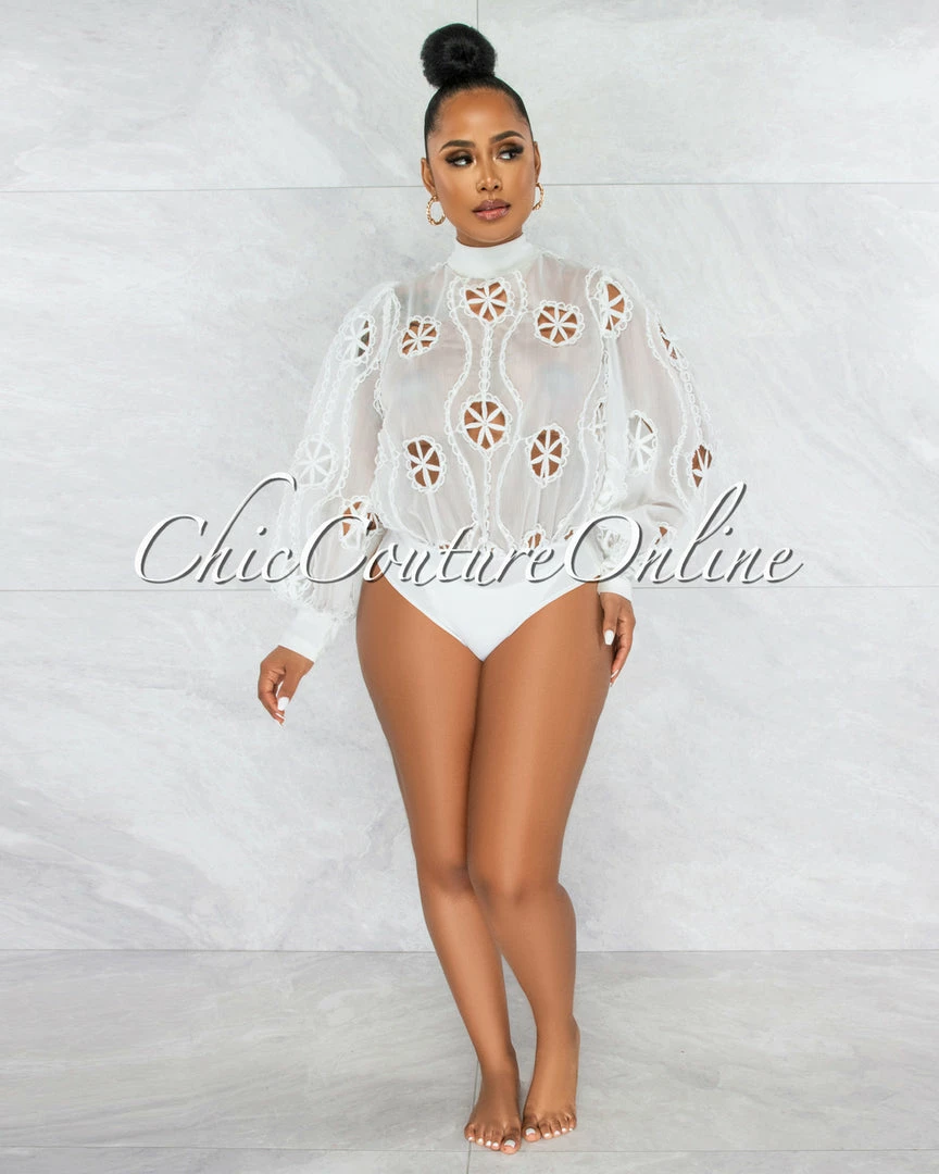 Vendor-unknown Sikina Off-White Sheer Embroidery Bodysuit JUST IN