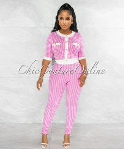 Vendor-unknown JUST IN Madison Pink White Houndstooth Top & Leggings Knit Set