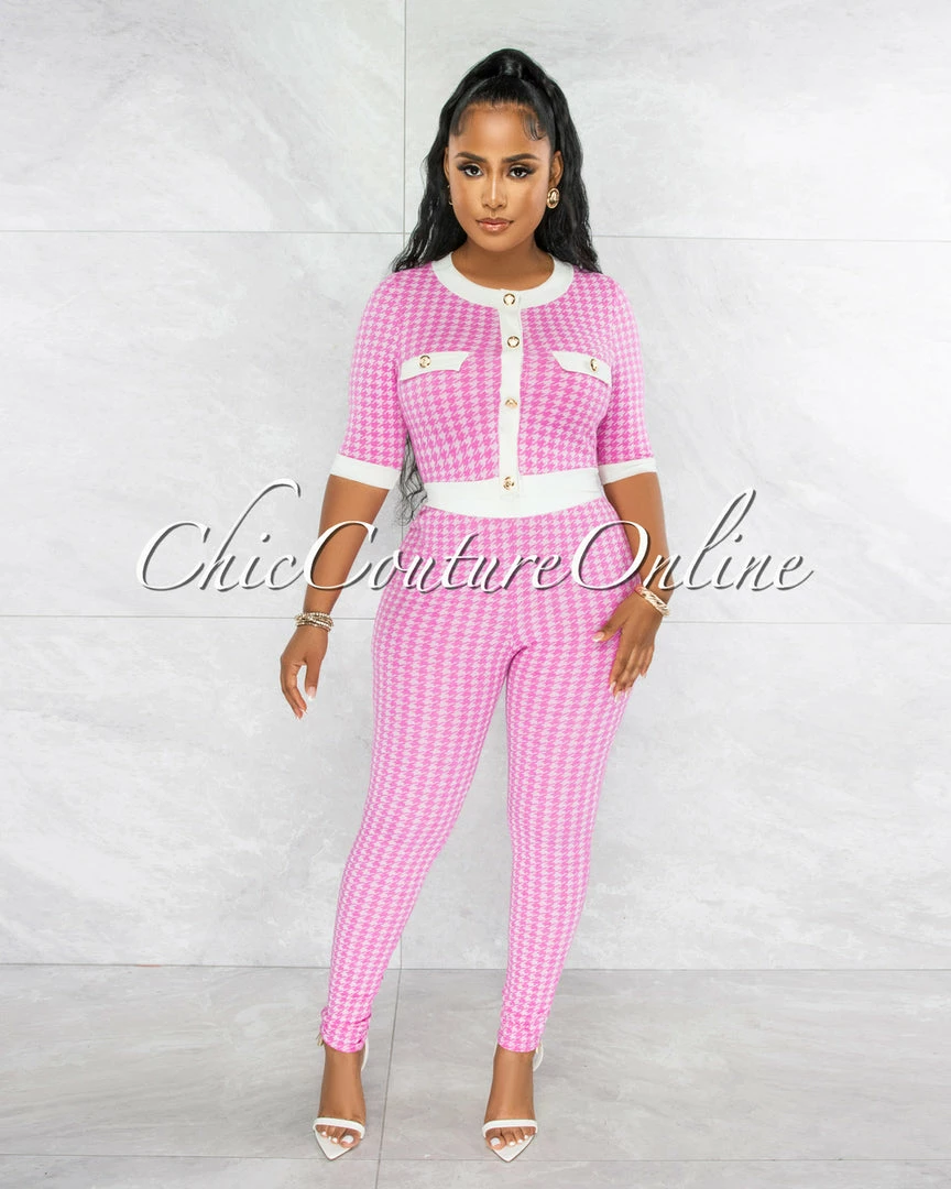 Vendor-unknown JUST IN Madison Pink White Houndstooth Top & Leggings Knit Set
