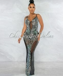 Vendor-unknown Mariatu Black Mesh Rhinestones Maxi Dress