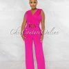 Chic Couture Online Aimee Fuchsia Pleated Bust Gold Link Jumpsuit