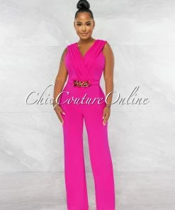 Chic Couture Online Aimee Fuchsia Pleated Bust Gold Link Jumpsuit