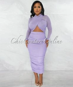 Chic Couture Online Gerlie Lilac Crossed Bust Mesh Ruched Midi Dress