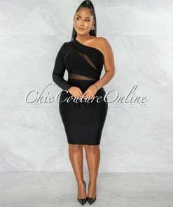 Chic Couture Online Blake Black Single Shoulder Mesh Details Bandage Dress