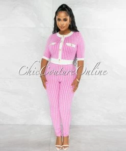 Vendor-unknown JUST IN Madison Pink White Houndstooth Top & Leggings Knit Set
