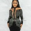 Vendor-unknown Dudley Black Iridescent Rhinestones Nude Mesh Sheer Dress