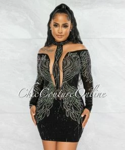 Vendor-unknown Dudley Black Iridescent Rhinestones Nude Mesh Sheer Dress