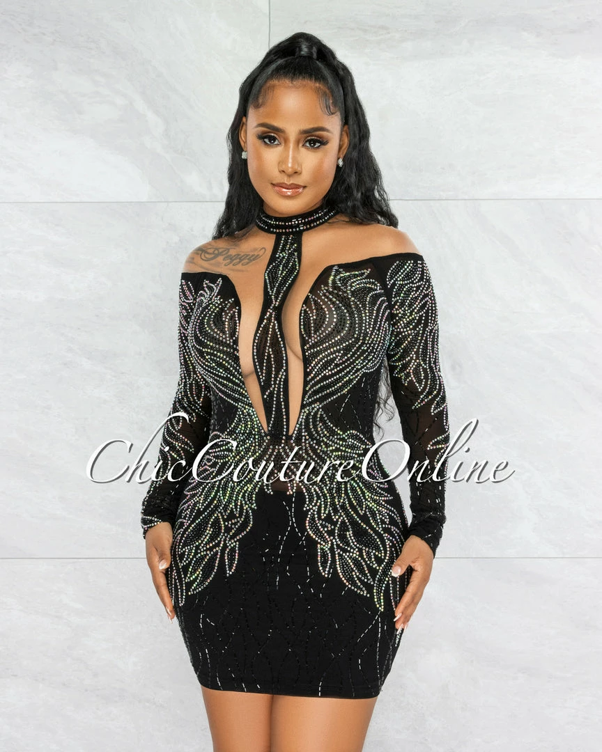 Vendor-unknown Dudley Black Iridescent Rhinestones Nude Mesh Sheer Dress