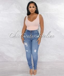 Vendor-unknown JUST IN Harriet Medium Blue High Waist Rose Gold Buttons Jeans