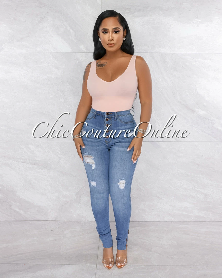 Vendor-unknown JUST IN Harriet Medium Blue High Waist Rose Gold Buttons Jeans