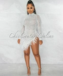 Chic Couture Online Rhesa White Rhinestones Pearls & Feathers Mesh Mini Dress