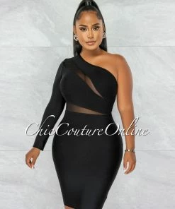 Chic Couture Online Blake Black Single Shoulder Mesh Details Bandage Dress