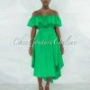Vendor-unknown JUST IN Bodil Kelly Green Ruffle Neckline Belt Hi-Lo Dress