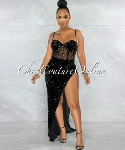 Vendor-unknown JUST IN Melisia Black Mesh Sequins Velvet Maxi Bodysuit DresS
