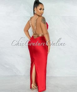 Vendor-unknown Crane Red Gold Link Straps Satin Back Slit Maxi Dress JUST IN