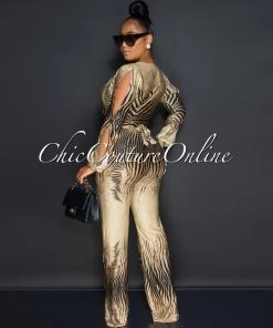 Vendor-unknown Boswell Brown Black Zebra Print Plunging V-Neck Jumpsuit JUST IN