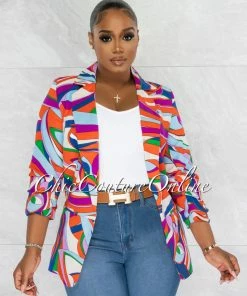 Chic Couture Online Malley Baby Blue Multi-Color Ruched Sleeves Blazer