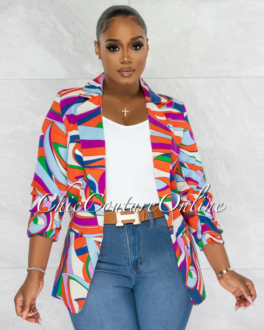 Chic Couture Online Malley Baby Blue Multi-Color Ruched Sleeves Blazer